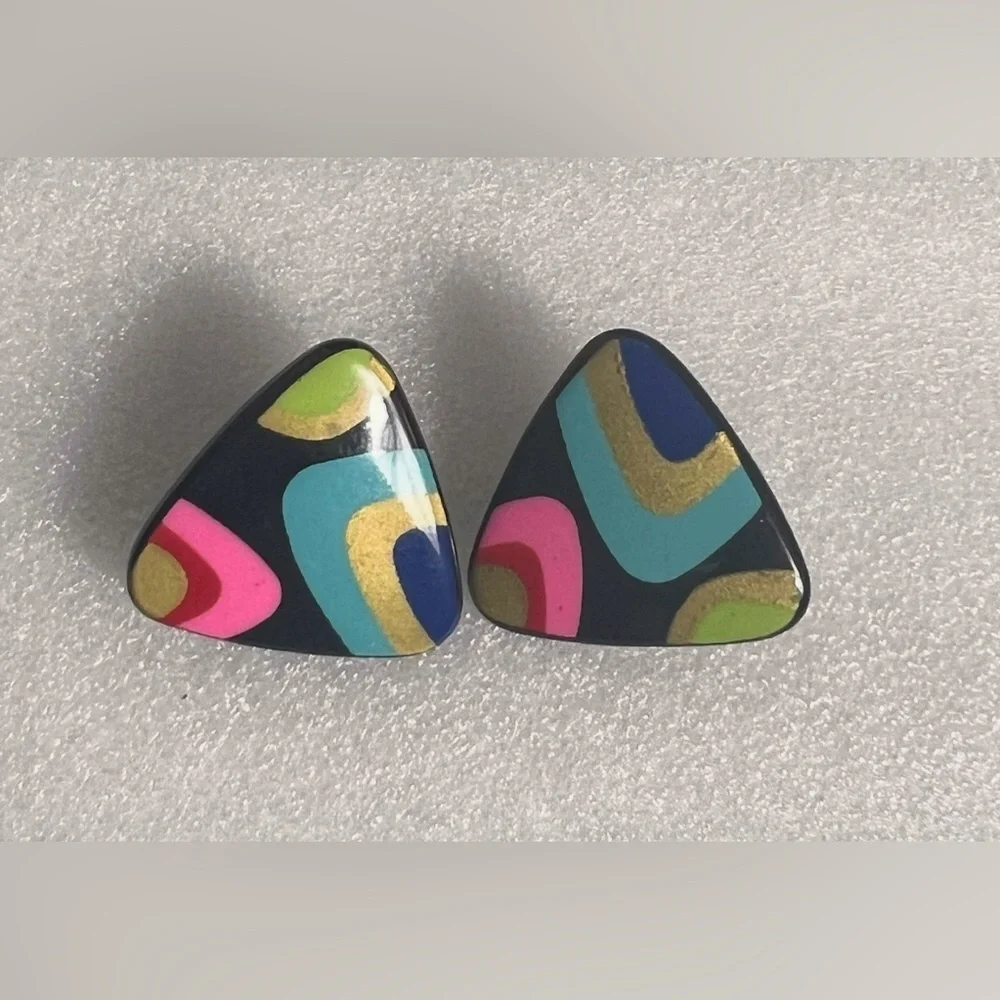 Vintage 80’s Techno Multicolor Triangle Clip On Earrings - Picture 4 of 6